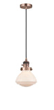 201CSW-AC-G321 Cord Hung 6.75" Antique Copper Mini Pendant - Matte White Olean Glass - LED Bulb - Dimmensions: 6.75 x 6.75 x 7.75<br>Minimum Height : 12.25<br>Maximum Height : 130.25 - Sloped Ceiling Compatible: Yes