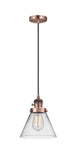 201CSW-AC-G42 Cord Hung 8" Antique Copper Mini Pendant - Clear Large Cone Glass - LED Bulb - Dimmensions: 8 x 8 x 10<br>Minimum Height : 13.25<br>Maximum Height : 131.25 - Sloped Ceiling Compatible: Yes