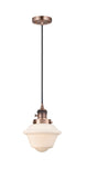 201CSW-AC-G531 Cord Hung 7.5" Antique Copper Mini Pendant - Matte White Cased Small Oxford Glass - LED Bulb - Dimmensions: 7.5 x 7.5 x 8<br>Minimum Height : 13<br>Maximum Height : 131 - Sloped Ceiling Compatible: Yes