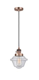 201CSW-AC-G534 Cord Hung 7.5" Antique Copper Mini Pendant - Seedy Small Oxford Glass - LED Bulb - Dimmensions: 7.5 x 7.5 x 8<br>Minimum Height : 13<br>Maximum Height : 131 - Sloped Ceiling Compatible: Yes