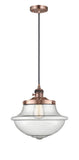 201CSW-AC-G544 Cord Hung 11.75" Antique Copper Mini Pendant - Seedy Large Oxford Glass - LED Bulb - Dimmensions: 11.75 x 11.75 x 11.5<br>Minimum Height : 15.375<br>Maximum Height : 133.375 - Sloped Ceiling Compatible: Yes
