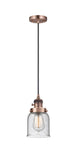 201CSW-AC-G54 Cord Hung 5" Antique Copper Mini Pendant - Seedy Small Bell Glass - LED Bulb - Dimmensions: 5 x 5 x 10<br>Minimum Height : 13<br>Maximum Height : 131 - Sloped Ceiling Compatible: Yes
