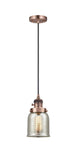201CSW-AC-G58 Cord Hung 5" Antique Copper Mini Pendant - Silver Plated Mercury Small Bell Glass - LED Bulb - Dimmensions: 5 x 5 x 10<br>Minimum Height : 13<br>Maximum Height : 131 - Sloped Ceiling Compatible: Yes