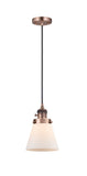 201CSW-AC-G61 Cord Hung 6" Antique Copper Mini Pendant - Matte White Cased Small Cone Glass - LED Bulb - Dimmensions: 6 x 6 x 8<br>Minimum Height : 13<br>Maximum Height : 131 - Sloped Ceiling Compatible: Yes