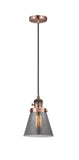 201CSW-AC-G63 Cord Hung 6" Antique Copper Mini Pendant - Plated Smoke Small Cone Glass - LED Bulb - Dimmensions: 6 x 6 x 8<br>Minimum Height : 13<br>Maximum Height : 131 - Sloped Ceiling Compatible: Yes