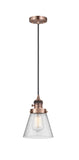 201CSW-AC-G64 Cord Hung 6" Antique Copper Mini Pendant - Seedy Small Cone Glass - LED Bulb - Dimmensions: 6 x 6 x 8<br>Minimum Height : 13<br>Maximum Height : 131 - Sloped Ceiling Compatible: Yes