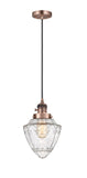 201CSW-AC-G664-7 Cord Hung 7" Antique Copper Mini Pendant - Seedy Small Bullet Glass - LED Bulb - Dimmensions: 7 x 7 x 14.5<br>Minimum Height : 17.5<br>Maximum Height : 134.5 - Sloped Ceiling Compatible: Yes