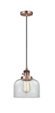201CSW-AC-G72 Cord Hung 8" Antique Copper Mini Pendant - Clear Large Bell Glass - LED Bulb - Dimmensions: 8 x 8 x 10<br>Minimum Height : 13<br>Maximum Height : 131 - Sloped Ceiling Compatible: Yes