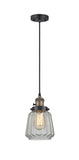 201CSW-BAB-G142 Cord Hung 7" Black Antique Brass Mini Pendant - Clear Chatham Glass - LED Bulb - Dimmensions: 7 x 7 x 11<br>Minimum Height : 14<br>Maximum Height : 132 - Sloped Ceiling Compatible: Yes