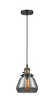 201CSW-BAB-G173 Cord Hung 7" Black Antique Brass Mini Pendant - Plated Smoke Fulton Glass - LED Bulb - Dimmensions: 7 x 7 x 10<br>Minimum Height : 12.5<br>Maximum Height : 130.5 - Sloped Ceiling Compatible: Yes
