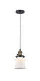 201CSW-BAB-G181S Cord Hung 6" Black Antique Brass Mini Pendant - Matte White Small Canton Glass - LED Bulb - Dimmensions: 6 x 6 x 10<br>Minimum Height : 12.75<br>Maximum Height : 130.75 - Sloped Ceiling Compatible: Yes