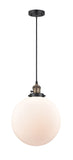 201CSW-BAB-G201-12 Cord Hung 12" Black Antique Brass Mini Pendant - Matte White Cased Beacon Glass - LED Bulb - Dimmensions: 12 x 12 x 15<br>Minimum Height : 19<br>Maximum Height : 137 - Sloped Ceiling Compatible: Yes