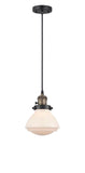 201CSW-BAB-G321 Cord Hung 6.75" Black Antique Brass Mini Pendant - Matte White Olean Glass - LED Bulb - Dimmensions: 6.75 x 6.75 x 7.75<br>Minimum Height : 12.25<br>Maximum Height : 130.25 - Sloped Ceiling Compatible: Yes