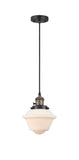 201CSW-BAB-G531 Cord Hung 7.5" Black Antique Brass Mini Pendant - Matte White Cased Small Oxford Glass - LED Bulb - Dimmensions: 7.5 x 7.5 x 8<br>Minimum Height : 13<br>Maximum Height : 131 - Sloped Ceiling Compatible: Yes