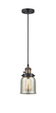 201CSW-BAB-G58 Cord Hung 5" Black Antique Brass Mini Pendant - Silver Plated Mercury Small Bell Glass - LED Bulb - Dimmensions: 5 x 5 x 10<br>Minimum Height : 13<br>Maximum Height : 131 - Sloped Ceiling Compatible: Yes