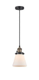 201CSW-BAB-G61 Cord Hung 6" Black Antique Brass Mini Pendant - Matte White Cased Small Cone Glass - LED Bulb - Dimmensions: 6 x 6 x 8<br>Minimum Height : 13<br>Maximum Height : 131 - Sloped Ceiling Compatible: Yes