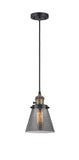 201CSW-BAB-G63 Cord Hung 6" Black Antique Brass Mini Pendant - Plated Smoke Small Cone Glass - LED Bulb - Dimmensions: 6 x 6 x 8<br>Minimum Height : 13<br>Maximum Height : 131 - Sloped Ceiling Compatible: Yes