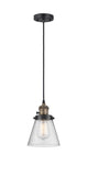 201CSW-BAB-G64 Cord Hung 6" Black Antique Brass Mini Pendant - Seedy Small Cone Glass - LED Bulb - Dimmensions: 6 x 6 x 8<br>Minimum Height : 13<br>Maximum Height : 131 - Sloped Ceiling Compatible: Yes