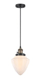 201CSW-BAB-G661-7 Cord Hung 7" Black Antique Brass Mini Pendant - Matte White Cased Small Bullet Glass - LED Bulb - Dimmensions: 7 x 7 x 14.5<br>Minimum Height : 17.5<br>Maximum Height : 134.5 - Sloped Ceiling Compatible: Yes