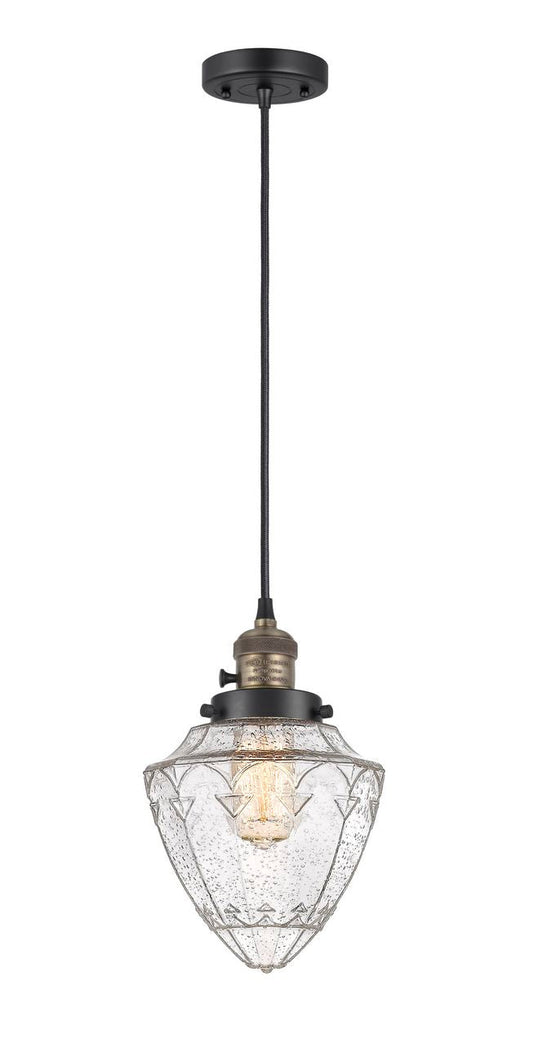 201CSW-BAB-G664-7 Cord Hung 7" Black Antique Brass Mini Pendant - Seedy Small Bullet Glass - LED Bulb - Dimmensions: 7 x 7 x 14.5<br>Minimum Height : 17.5<br>Maximum Height : 134.5 - Sloped Ceiling Compatible: Yes