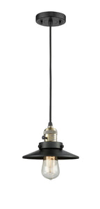 201CSW-BAB-M6 Cord Hung 8" Black Antique Brass Mini Pendant - Matte Black Railroad Shade - LED Bulb - Dimmensions: 8 x 8 x 8<br>Minimum Height : 9.25<br>Maximum Height : 127.25 - Sloped Ceiling Compatible: Yes