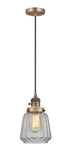 201CSW-BB-G142 Cord Hung 7" Brushed Brass Mini Pendant - Clear Chatham Glass - LED Bulb - Dimmensions: 7 x 7 x 11<br>Minimum Height : 14<br>Maximum Height : 132 - Sloped Ceiling Compatible: Yes