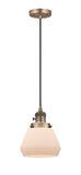 201CSW-BB-G171 Cord Hung 7" Brushed Brass Mini Pendant - Matte White Cased Fulton Glass - LED Bulb - Dimmensions: 7 x 7 x 10<br>Minimum Height : 12.5<br>Maximum Height : 130.5 - Sloped Ceiling Compatible: Yes