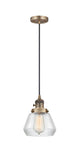 201CSW-BB-G172 Cord Hung 7" Brushed Brass Mini Pendant - Clear Fulton Glass - LED Bulb - Dimmensions: 7 x 7 x 10<br>Minimum Height : 12.5<br>Maximum Height : 130.5 - Sloped Ceiling Compatible: Yes