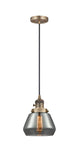 201CSW-BB-G173 Cord Hung 7" Brushed Brass Mini Pendant - Plated Smoke Fulton Glass - LED Bulb - Dimmensions: 7 x 7 x 10<br>Minimum Height : 12.5<br>Maximum Height : 130.5 - Sloped Ceiling Compatible: Yes