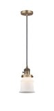 201CSW-BB-G181S Cord Hung 6" Brushed Brass Mini Pendant - Matte White Small Canton Glass - LED Bulb - Dimmensions: 6 x 6 x 10<br>Minimum Height : 12.75<br>Maximum Height : 130.75 - Sloped Ceiling Compatible: Yes