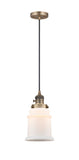 201CSW-BB-G181 Cord Hung 6" Brushed Brass Mini Pendant - Matte White Canton Glass - LED Bulb - Dimmensions: 6 x 6 x 10<br>Minimum Height : 14.5<br>Maximum Height : 132.5 - Sloped Ceiling Compatible: Yes