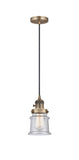 201CSW-BB-G184S Cord Hung 6" Brushed Brass Mini Pendant - Seedy Small Canton Glass - LED Bulb - Dimmensions: 6 x 6 x 10<br>Minimum Height : 12.75<br>Maximum Height : 130.75 - Sloped Ceiling Compatible: Yes