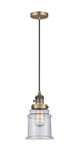 201CSW-BB-G184 Cord Hung 6" Brushed Brass Mini Pendant - Seedy Canton Glass - LED Bulb - Dimmensions: 6 x 6 x 10<br>Minimum Height : 14.5<br>Maximum Height : 132.5 - Sloped Ceiling Compatible: Yes