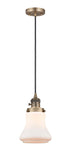 201CSW-BB-G191 Cord Hung 6.25" Brushed Brass Mini Pendant - Matte White Bellmont Glass - LED Bulb - Dimmensions: 6.25 x 6.25 x 10<br>Minimum Height : 13.5<br>Maximum Height : 131.5 - Sloped Ceiling Compatible: Yes