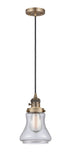 201CSW-BB-G194 Cord Hung 6.25" Brushed Brass Mini Pendant - Seedy Bellmont Glass - LED Bulb - Dimmensions: 6.25 x 6.25 x 10<br>Minimum Height : 13.5<br>Maximum Height : 131.5 - Sloped Ceiling Compatible: Yes
