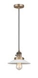 201CSW-BB-G1 Cord Hung 8.5" Brushed Brass Mini Pendant - White Halophane Glass - LED Bulb - Dimmensions: 8.5 x 8.5 x 8<br>Minimum Height : 9.25<br>Maximum Height : 127.25 - Sloped Ceiling Compatible: Yes