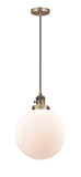 201CSW-BB-G201-10 Cord Hung 10" Brushed Brass Mini Pendant - Matte White Cased Beacon Glass - LED Bulb - Dimmensions: 10 x 10 x 13<br>Minimum Height : 17<br>Maximum Height : 135 - Sloped Ceiling Compatible: Yes