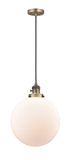 201CSW-BB-G201-12 Cord Hung 12" Brushed Brass Mini Pendant - Matte White Cased Beacon Glass - LED Bulb - Dimmensions: 12 x 12 x 15<br>Minimum Height : 19<br>Maximum Height : 137 - Sloped Ceiling Compatible: Yes