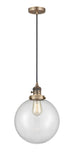 201CSW-BB-G202-10 Cord Hung 10" Brushed Brass Mini Pendant - Clear Beacon Glass - LED Bulb - Dimmensions: 10 x 10 x 13<br>Minimum Height : 17<br>Maximum Height : 135 - Sloped Ceiling Compatible: Yes
