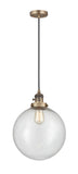 201CSW-BB-G204-12 Cord Hung 12" Brushed Brass Mini Pendant - Seedy Beacon Glass - LED Bulb - Dimmensions: 12 x 12 x 15<br>Minimum Height : 19<br>Maximum Height : 137 - Sloped Ceiling Compatible: Yes