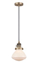 201CSW-BB-G321 Cord Hung 6.75" Brushed Brass Mini Pendant - Matte White Olean Glass - LED Bulb - Dimmensions: 6.75 x 6.75 x 7.75<br>Minimum Height : 12.25<br>Maximum Height : 130.25 - Sloped Ceiling Compatible: Yes