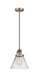 201CSW-BB-G42 Cord Hung 8" Brushed Brass Mini Pendant - Clear Large Cone Glass - LED Bulb - Dimmensions: 8 x 8 x 10<br>Minimum Height : 13.25<br>Maximum Height : 131.25 - Sloped Ceiling Compatible: Yes