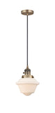 201CSW-BB-G531 Cord Hung 7.5" Brushed Brass Mini Pendant - Matte White Cased Small Oxford Glass - LED Bulb - Dimmensions: 7.5 x 7.5 x 8<br>Minimum Height : 13<br>Maximum Height : 131 - Sloped Ceiling Compatible: Yes