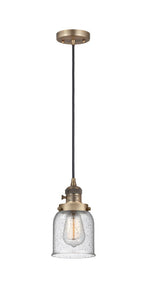 201CSW-BB-G54 Cord Hung 5" Brushed Brass Mini Pendant - Seedy Small Bell Glass - LED Bulb - Dimmensions: 5 x 5 x 10<br>Minimum Height : 13<br>Maximum Height : 131 - Sloped Ceiling Compatible: Yes