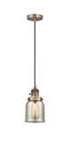 201CSW-BB-G58 Cord Hung 5" Brushed Brass Mini Pendant - Silver Plated Mercury Small Bell Glass - LED Bulb - Dimmensions: 5 x 5 x 10<br>Minimum Height : 13<br>Maximum Height : 131 - Sloped Ceiling Compatible: Yes