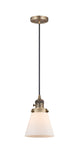 201CSW-BB-G61 Cord Hung 6" Brushed Brass Mini Pendant - Matte White Cased Small Cone Glass - LED Bulb - Dimmensions: 6 x 6 x 8<br>Minimum Height : 13<br>Maximum Height : 131 - Sloped Ceiling Compatible: Yes