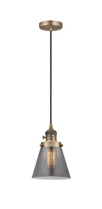 201CSW-BB-G63 Cord Hung 6" Brushed Brass Mini Pendant - Plated Smoke Small Cone Glass - LED Bulb - Dimmensions: 6 x 6 x 8<br>Minimum Height : 13<br>Maximum Height : 131 - Sloped Ceiling Compatible: Yes