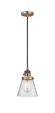 201CSW-BB-G64 Cord Hung 6" Brushed Brass Mini Pendant - Seedy Small Cone Glass - LED Bulb - Dimmensions: 6 x 6 x 8<br>Minimum Height : 13<br>Maximum Height : 131 - Sloped Ceiling Compatible: Yes
