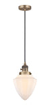 201CSW-BB-G661-7 Cord Hung 7" Brushed Brass Mini Pendant - Matte White Cased Small Bullet Glass - LED Bulb - Dimmensions: 7 x 7 x 14.5<br>Minimum Height : 17.5<br>Maximum Height : 134.5 - Sloped Ceiling Compatible: Yes