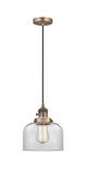 201CSW-BB-G72 Cord Hung 8" Brushed Brass Mini Pendant - Clear Large Bell Glass - LED Bulb - Dimmensions: 8 x 8 x 10<br>Minimum Height : 13<br>Maximum Height : 131 - Sloped Ceiling Compatible: Yes